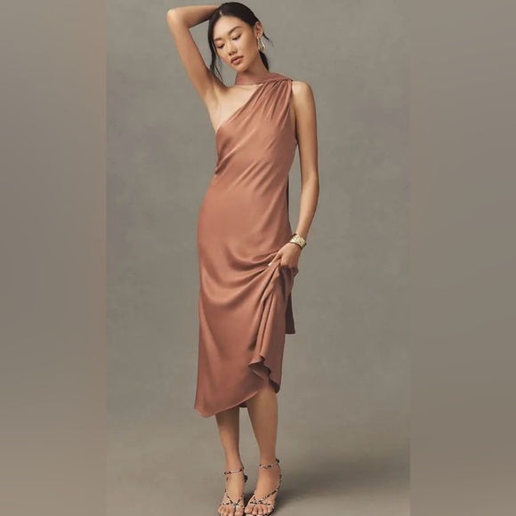 BHLDN Dresses & Skirts - BHLDN Nicoletta One-Shoulder Scarf Satin Midi Dress -
Brown L